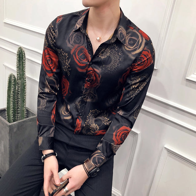 Men Fashion Rose Printed Shirt