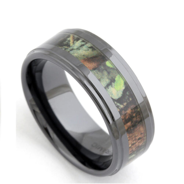 Men's Black Ceramic Ring With Wood Inlay