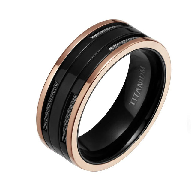 Black Titanium Ring With Rose Gold Edge & Cables Inlay For Men's