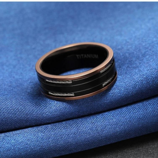 Black Titanium Ring With Rose Gold Edge & Cables Inlay For Men's