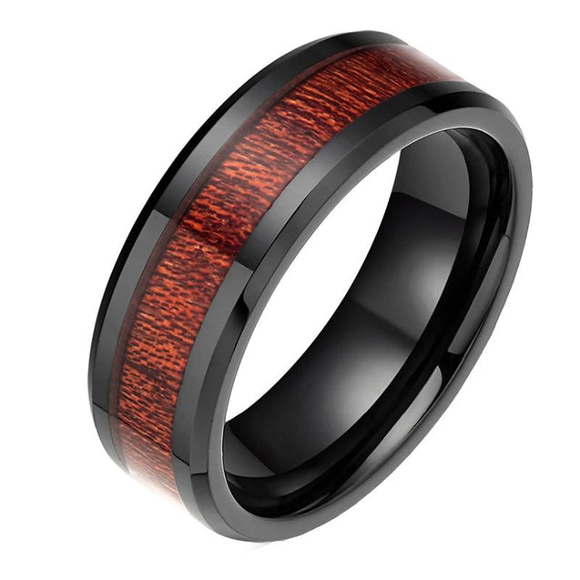 Men's Black Ceramic Ring With Mahogany Wood Inlay
