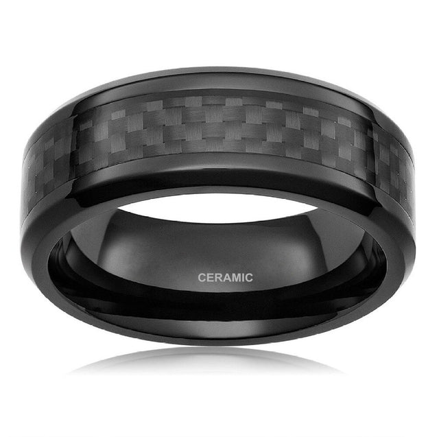 Men's Black Ceramic Ring With Carbon Fiber Inlay