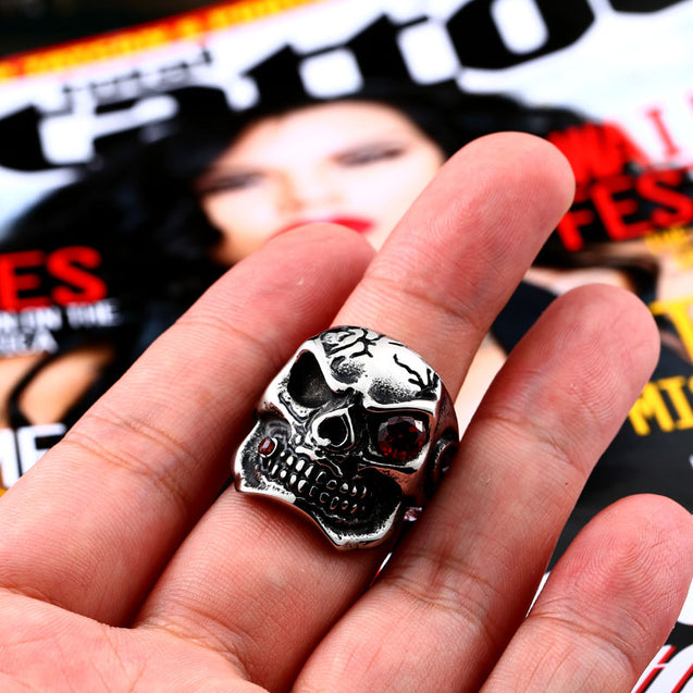 Skull Ring With Red Crystal Eye