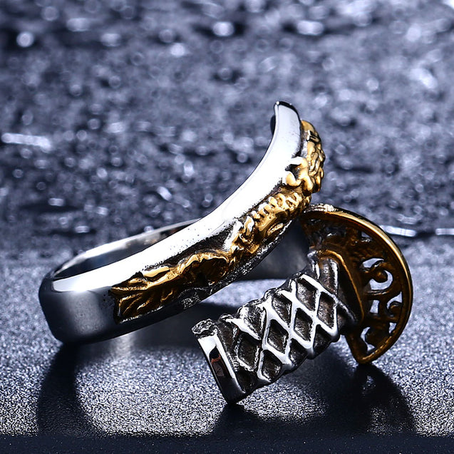 316L Stainless Steel Japanese Samurai Sword Man`s Ring fashion jewelry