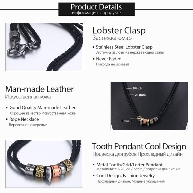 Tooth Pendant Handmade Leather Necklaces for Men
