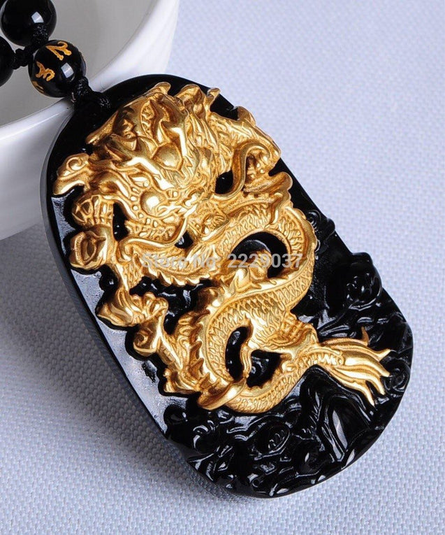 Black Obsidian Dragon Pendant Necklace