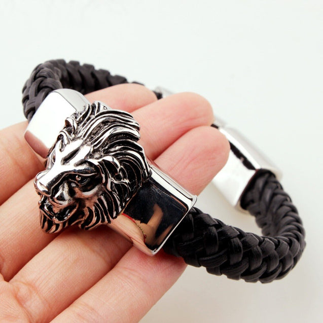Mens Leather Lion Head Bracelet