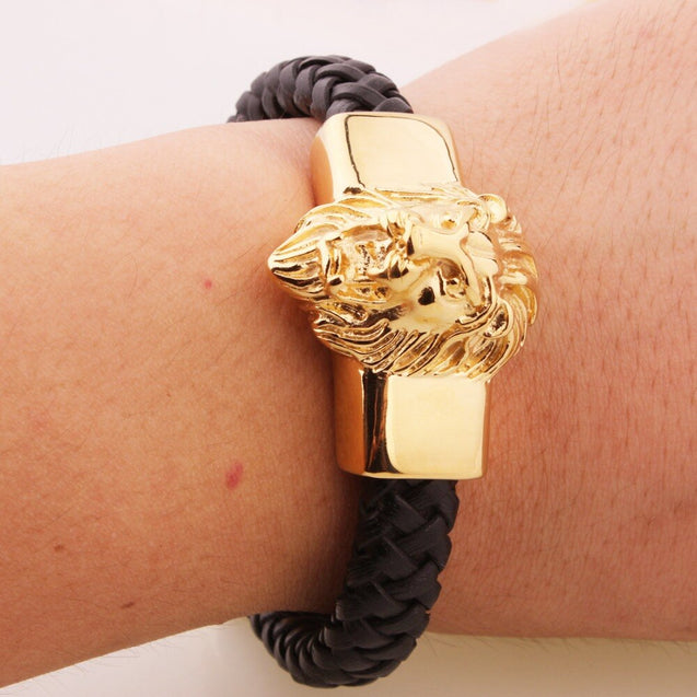 Mens Leather Lion Head Bracelet