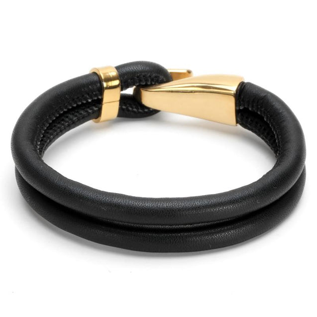 Mens Black Leather Bracelet With Golden Buckle