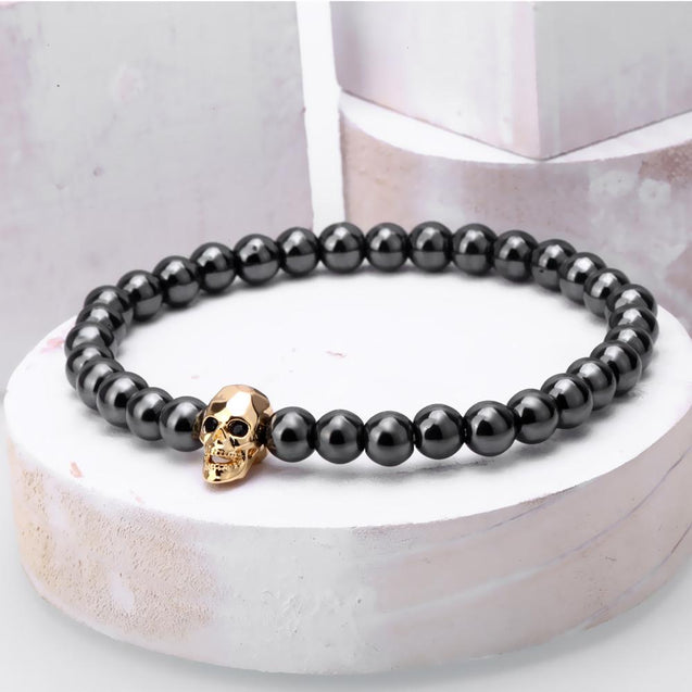 Skull Bracelet With Black Hematite Stone Beads
