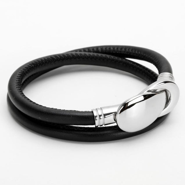 Mens Black Leather Bracelet With Silver Buckle