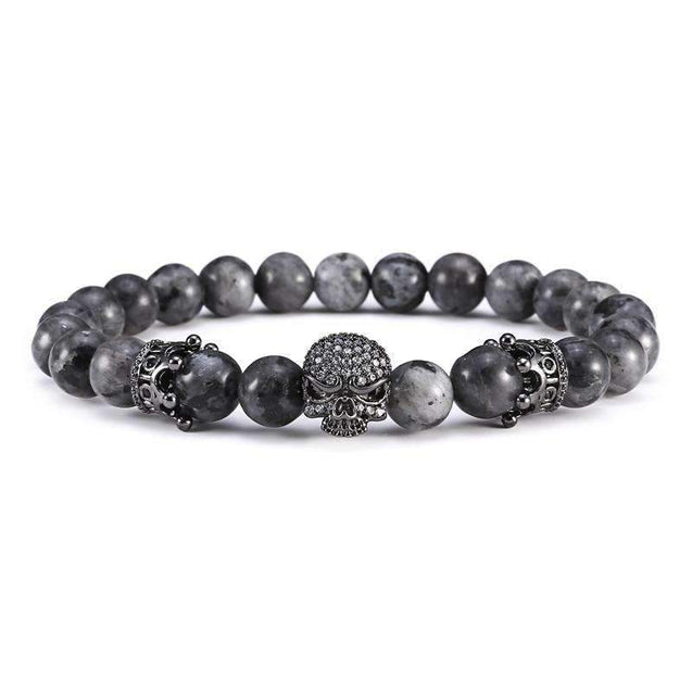 Mens Skull Bracelet With Natural Grey Stone Beads
