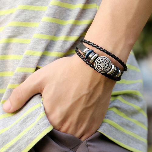 Multilayer Braided Faux Leather Hollow Flower Charm Bracelet