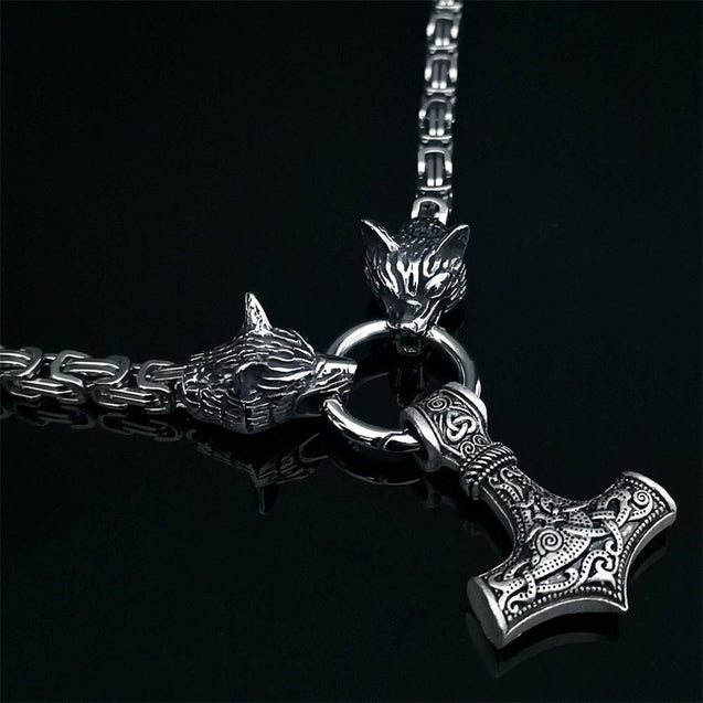 Men Stainless Steel Wolf Head Necklace with Nordic Viking Thor Hammer Pendant
