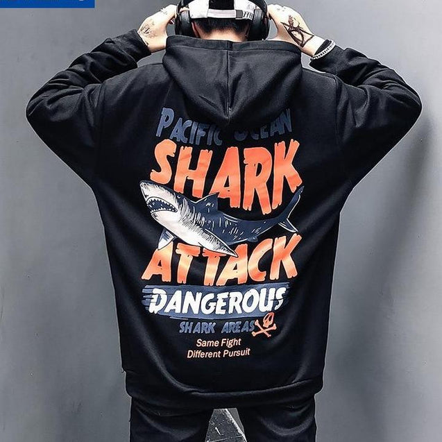 Mens Streetwear Shark Attack Printed Hoodies Sweatshirt