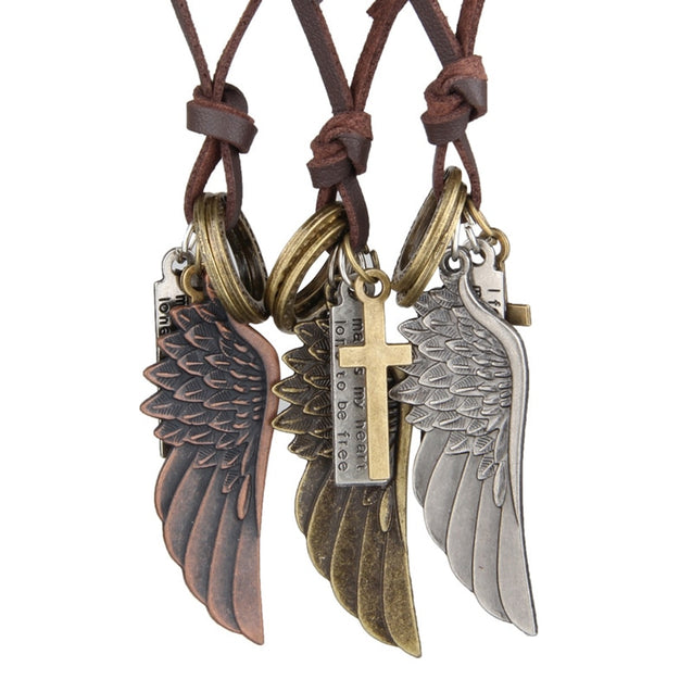 Feather Angel Wings Necklace & Pendants With Vintage Brown Leather Rope