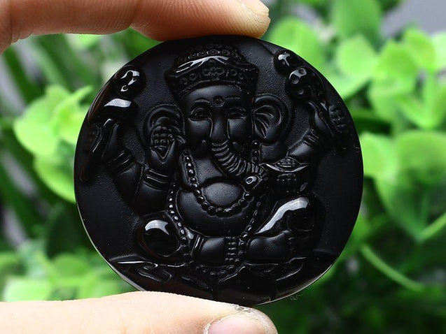 Black Obsidian Ganesh Elephant Necklace