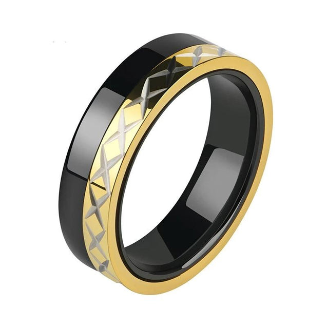 Men's Ceramic Rings With X Cross Logo Gold Color Side 6mm