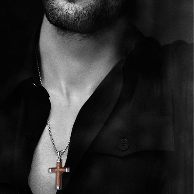 Mens Cross Pendant Necklace in Rosewood and Stainless Steel Crucifix