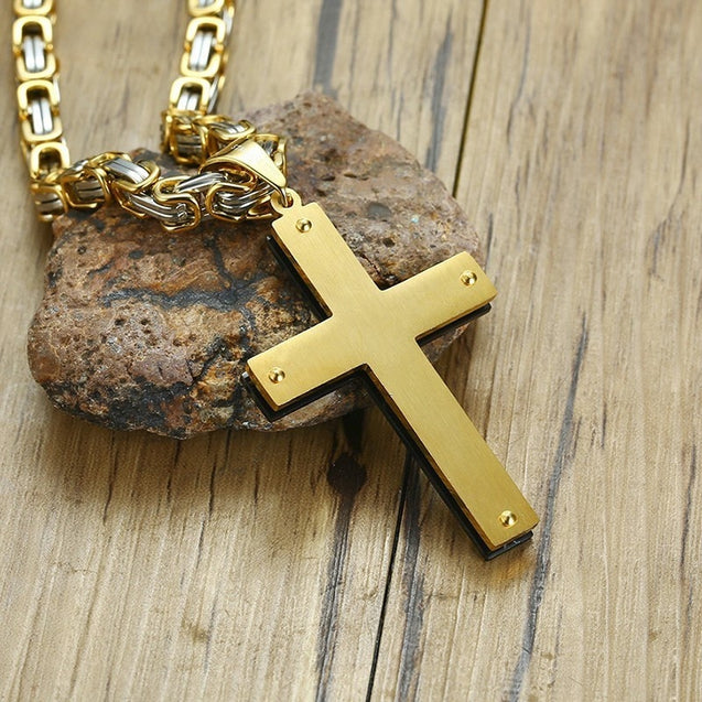 Heavy Byzantine Chain Cross Pendant Necklace for Men Stainless Steel  Christian Jewelry 24" inch