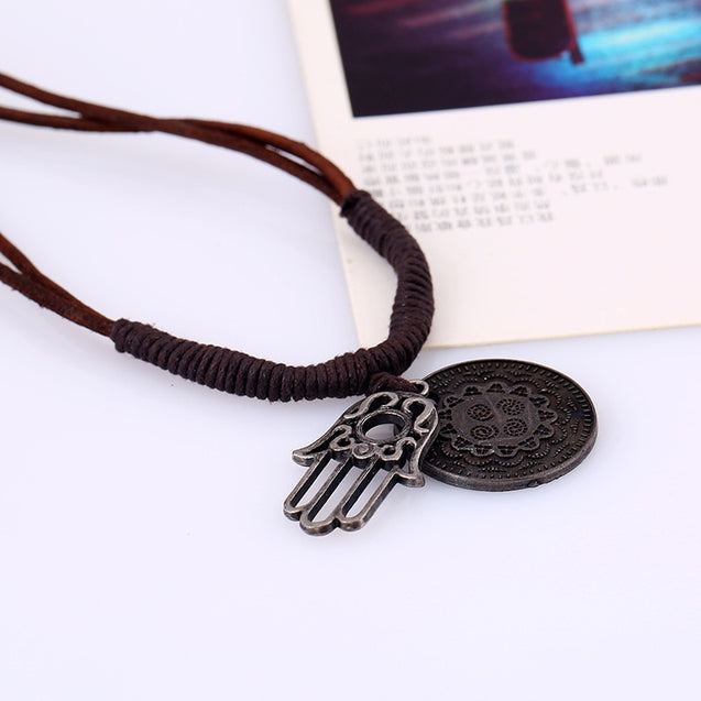 Leather Necklace With Hamsa Hand Pendant