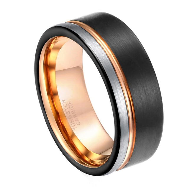 Men 8mm Tungsten Black Ring With Rose Gold Line