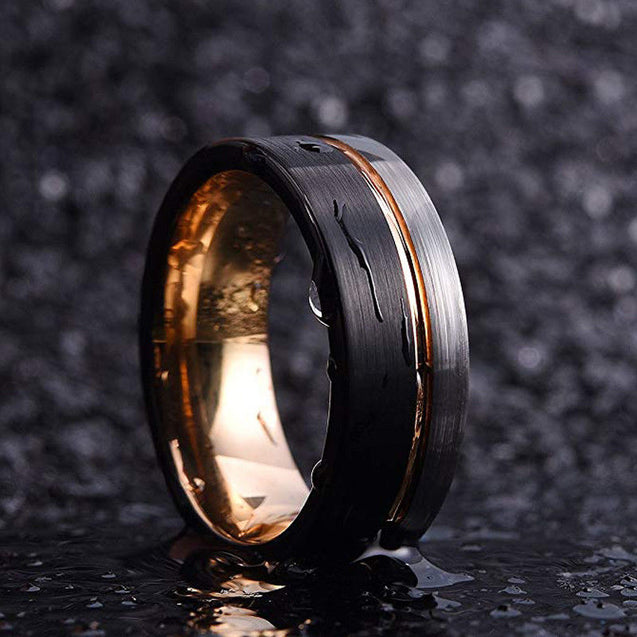 Men 8mm Tungsten Black Ring With Rose Gold Line
