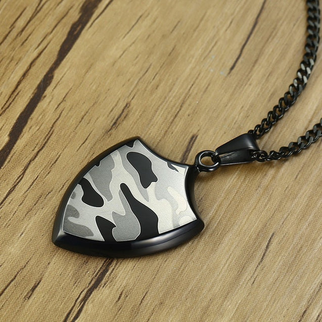 Warrior's Emblem: Camouflage Shield Pendant Necklace for Men