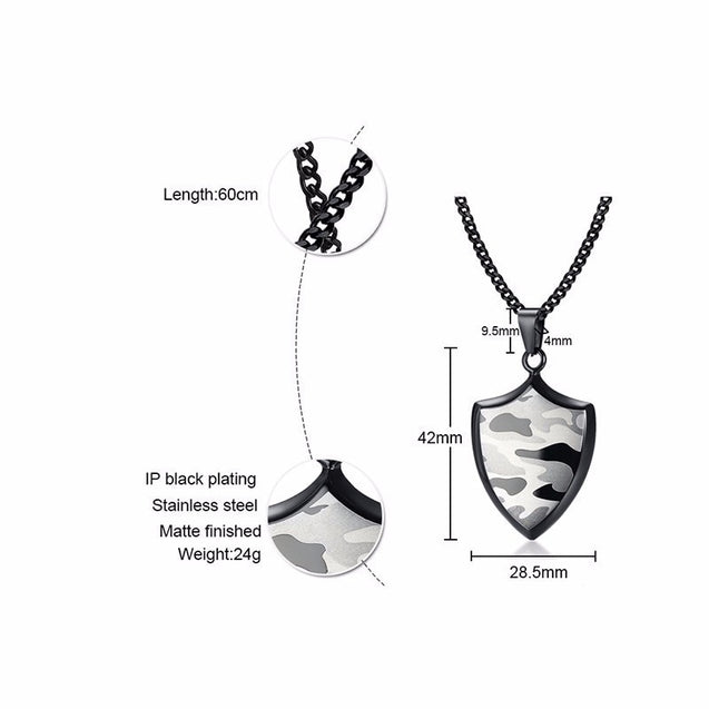 Warrior's Emblem: Camouflage Shield Pendant Necklace for Men