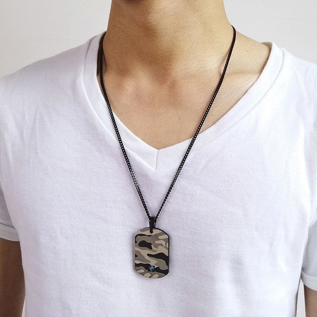 Camo Dog Tag Pendant Necklace With Blue CZ for Men