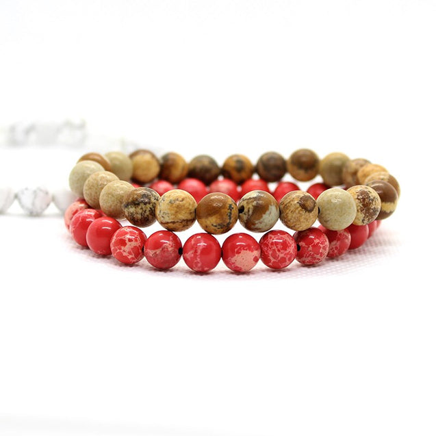 Summer Men Beaded Bracelet With Red, White & Brown Natural Stones