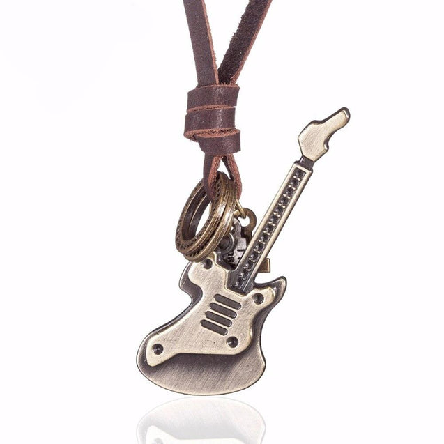 Mens Leather Necklace With Guitar Pendant