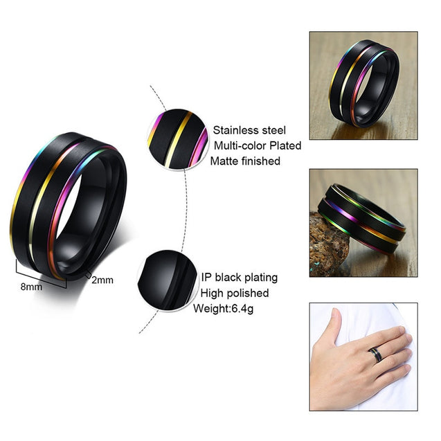 Black Stainless Steel Ring for Men With Rainbow Line