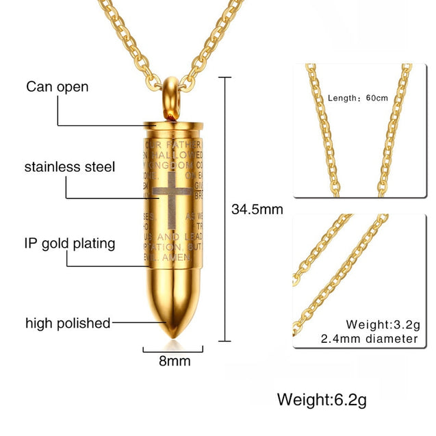 Openable Bullet Pendant for Men Engraved Cross Lord Bible Prayer Necklace