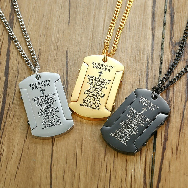 Mens Dog Tag Necklace with "God grant me the serenity" Stainless Steel