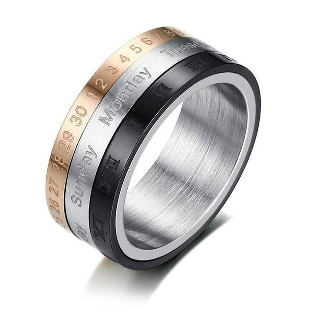 Silver, Rose Gold And Black Stainless Steel Rotating Calendar Ring Unisex