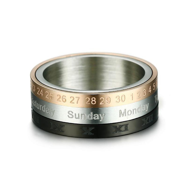 Silver, Rose Gold And Black Stainless Steel Rotating Calendar Ring Unisex