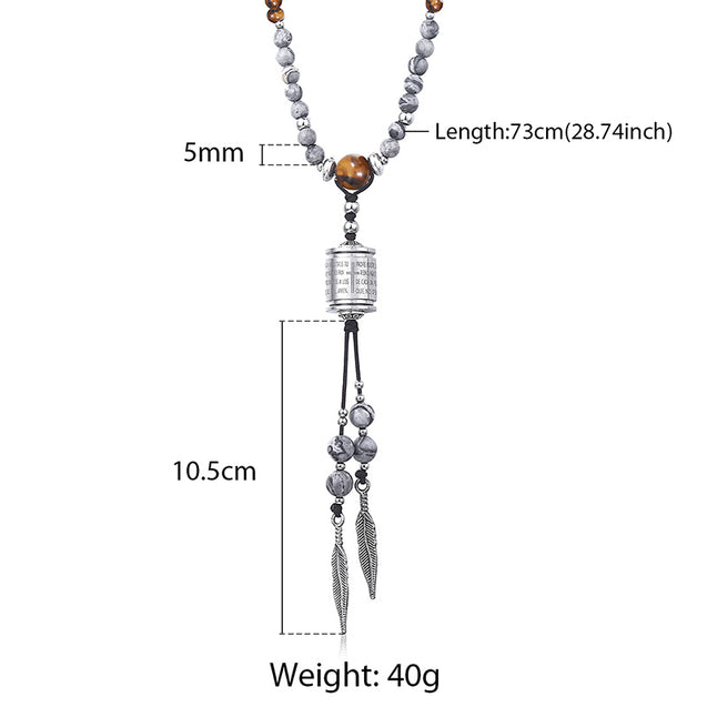 Men's Natural Stone Beaded Necklace Steel Feather Spanish Bible Charm Long Necklace