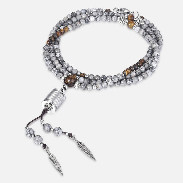 Men's Natural Stone Beaded Necklace Steel Feather Spanish Bible Charm Long Necklace