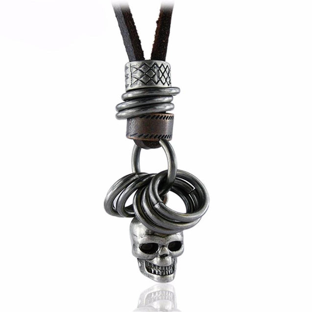 Mens Leather Necklace With Skull Pendant