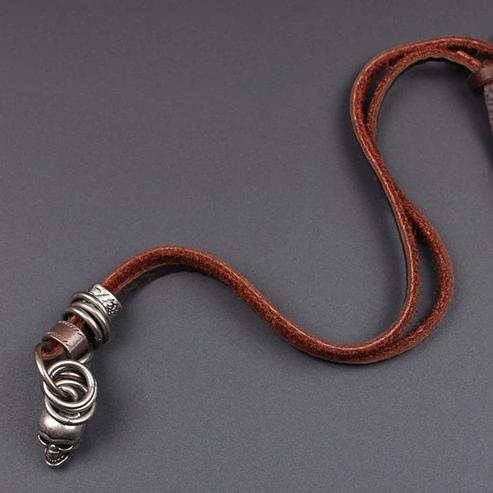 Mens Leather Necklace With Skull Pendant
