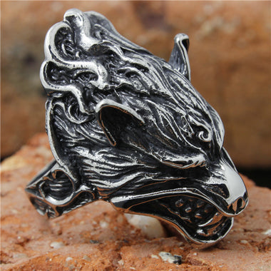 size 8 to 15 Mens Stainless Steel Flaming Wolf Ring