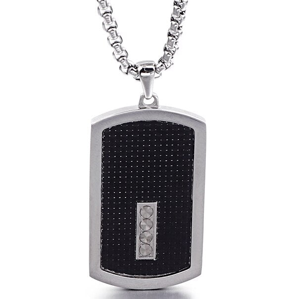 26" Long Mens Dog Tag Pendant Necklace With Crystal CZ