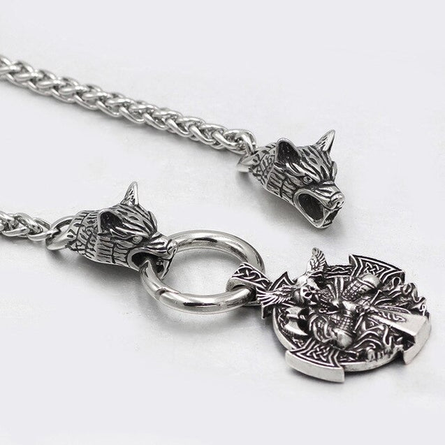 Viking Odin Warrior Raven Pendant Necklace Stainless Steel Wolf Head Chain Men Necklace Jewelry