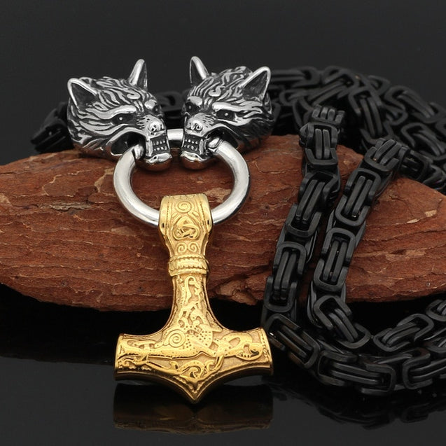 Men stainless steel Wolf head norse viking amulet thor hammer pendant necklace viking