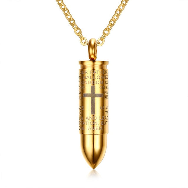 Openable Bullet Pendant for Men Engraved Cross Lord Bible Prayer Necklace