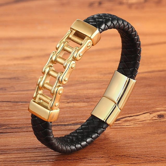 Men's Leather Bracelet With Steel Bike Chain Charm