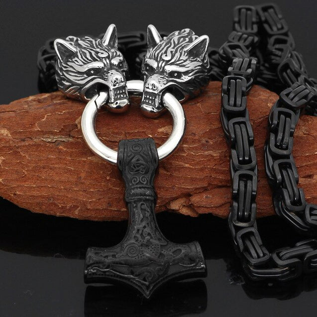 Men stainless steel Wolf head norse viking amulet thor hammer pendant necklace viking