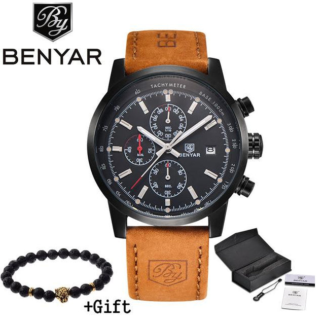 Stylish  Men's Quartz Watch With Brown Leather Band