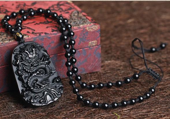 Real Obsidian Dragon Pendant Necklace